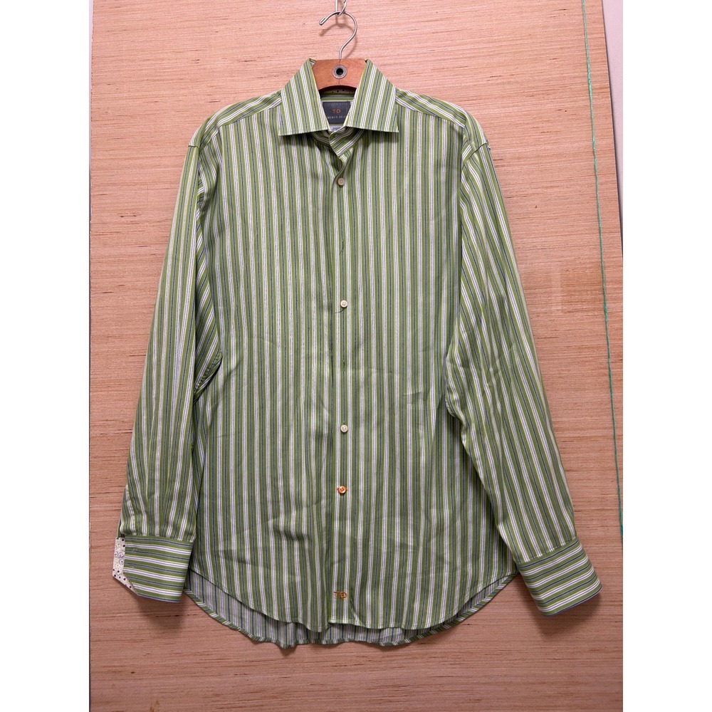 Thomas Dean Mens Green White Striped Long Sleeve Button Down Shirt Size M Cotton